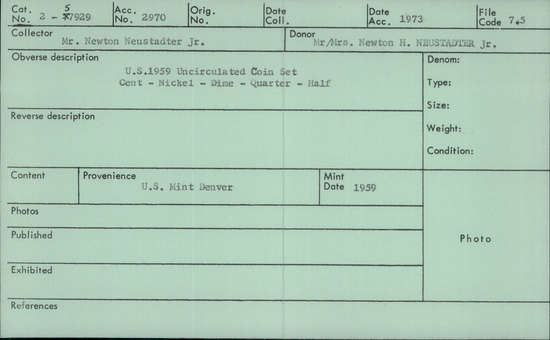 Documentation associated with Hearst Museum object titled Uncirculated set, accession number 2-57929, described as Complete 1959 mint set, including a half dollar, quarter, dime, nickel, cent, and metal verification token.