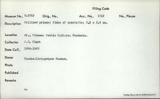 Documentation associated with Hearst Museum object titled Flake, accession number 5-3753, described as Utilized primary flake of quartzite; 3.5 x 3.4 cm.