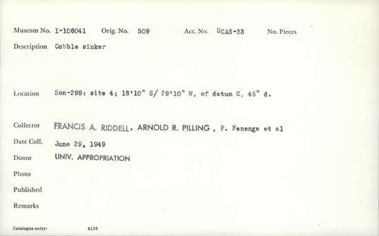 Documentation associated with Hearst Museum object titled Sinker (fishing), accession number 1-106041, described as Cobble.