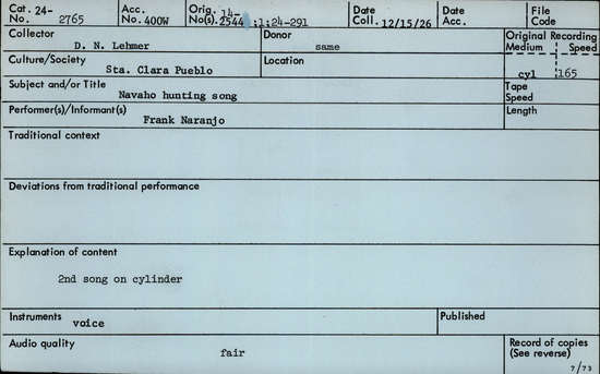 Documentation associated with Hearst Museum object titled Audio recording, accession number 24-2765, described as Navajo Hunting Song