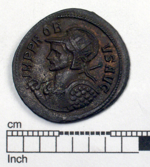 Hearst Museum object titled Coin: billon antoninianus, accession number 8-4387, described as Coin; Billon; Antoninianus; Roman. 3.50 grams, 25 mm. Probus, 276-282 AD. Lyon, France. Obverse: IMP C PROBVS P F AVG, bust r. radiate. Reverse: ABVNDANTIA, Abundance standing r.; in exerrgue, IIII. Remarks: Matt. and Syd. V, pt. 2; p. 22, 17.