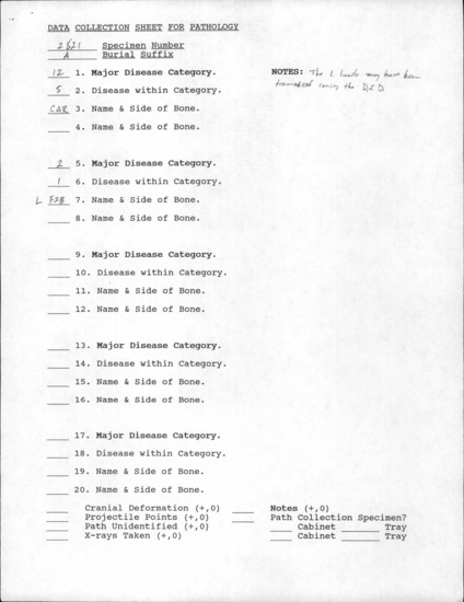 Documentation associated with Hearst Museum object titled Human remains, accession number 12-2821A, described as The incomplete remains of an adult, possibly female. Partial postcrania.