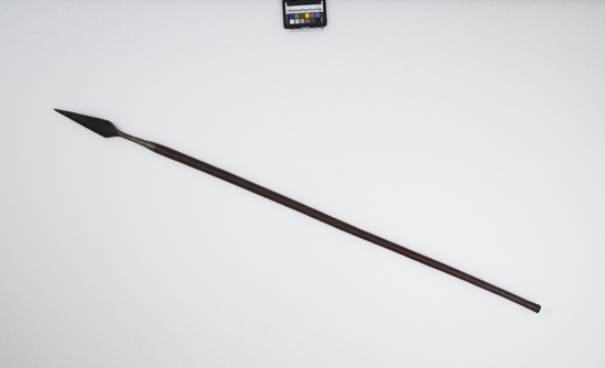 Hearst Museum object titled Spear, accession number 5-2631, described as Hunting spear wooden shaft; leaf-shaped point; overall length 59.5 inches; point 11 inches long. Used to finish off animal being shot with bow and arrow.