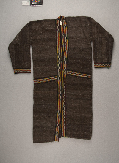 Hearst Museum object titled Robe, accession number 9-12799, described as Robe "yak coat", woven yak wool; varicolored cuffs, front; length 20 meters long.