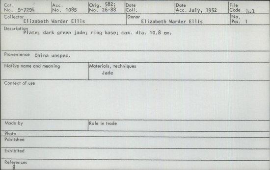 Documentation associated with Hearst Museum object titled Plate, accession number 9-7294, described as Plate; dark green jade; ring base; max. dia. 10.8 cm.