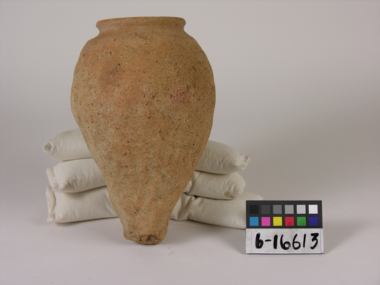 Hearst Museum object 1 of 5 titled Beer cup, accession number 6-16613, described as Pottery: brown rough jar; pointed bottom, vertical depressions largest diameter: 9, greatest depth: 16, height: 24 cm