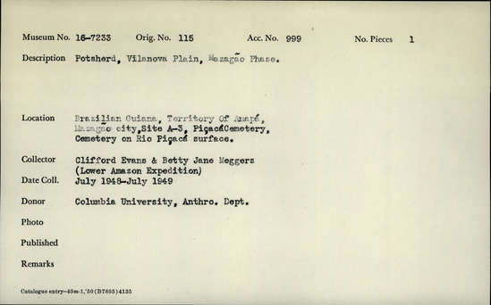 Documentation associated with Hearst Museum object titled Potsherds, accession number 16-7233, described as Potsherds, Vilanova plain