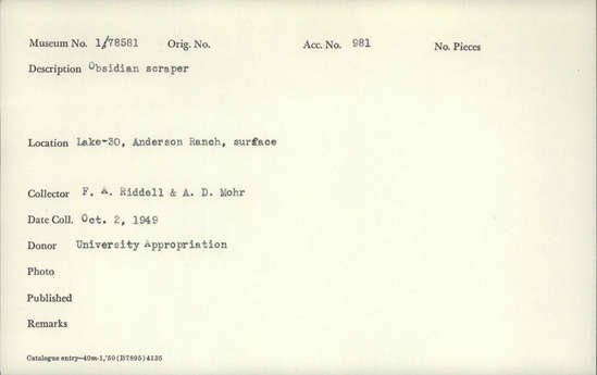 Documentation associated with Hearst Museum object titled Scraper, accession number 1-78581, described as Obsidian.