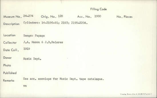 Documentation associated with Hearst Museum object titled Audio recording, accession number 24-274, described as Songs: Papago. See acc. envelope for music dept. tape catalogue. Cylinders: 14-2190-91, 2193, 2195-2204.