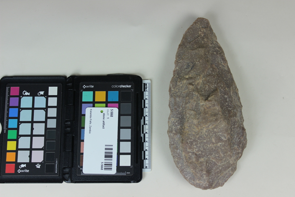 Hearst Museum object titled Stone artifact, accession number 5-5668, described as quartzite hand axe; length 20 cm