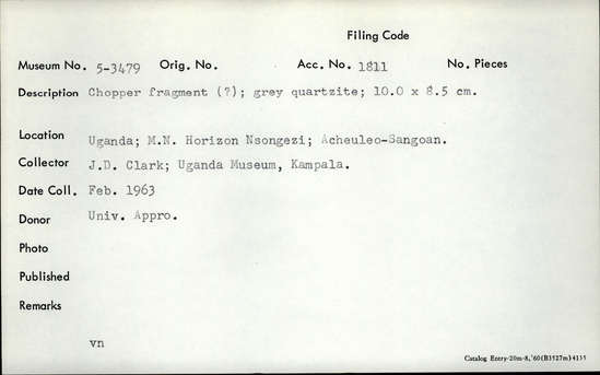 Documentation associated with Hearst Museum object titled Chopper, accession number 5-3479, described as Chopper fragment (?); grey quartzite .