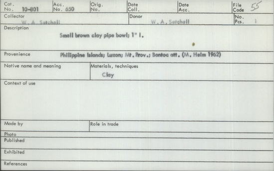 Documentation associated with Hearst Museum object titled Pipe bowl, accession number 10-801, described as Small brown clay pipe bowl