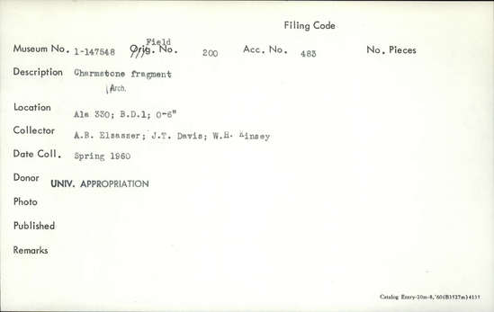 Documentation associated with Hearst Museum object titled Charmstone fragment, accession number 1-147548, described as Charmstone fragment.