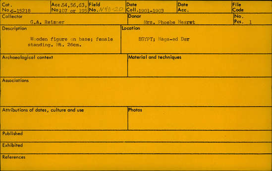 Documentation associated with Hearst Museum object titled Model female figure, accession number 6-15218, described as Wooden figure standing on base; female.