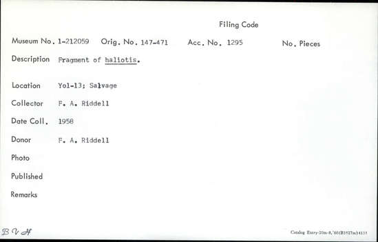 Documentation associated with Hearst Museum object titled Shell fragment, accession number 1-212059, described as Haliotis shell fragment