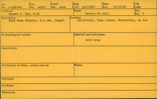 Documentation associated with Hearst Museum object titled Whistle, accession number 1-224740, described as Bird bone whistle Notice: Image restricted due to its potentially sensitive nature. Contact Museum to request access.