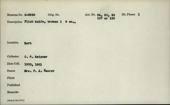 Documentation associated with Hearst Museum object titled Knife, accession number 6-9230, described as Flint knife, broken