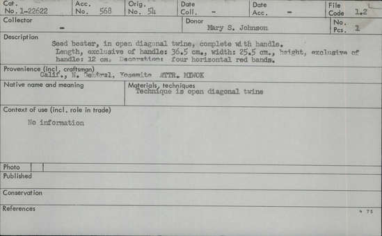 Documentation associated with Hearst Museum object titled Seed beater, accession number 1-22622, described as Open diagonal twine, complete with handle. Decoration: four horizontal red bands.