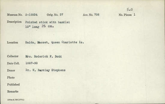 Documentation associated with Hearst Museum object titled Stick, accession number 2-15534, described as Pointed stick with handle.