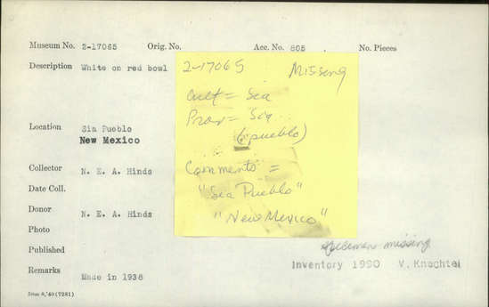 Documentation associated with Hearst Museum object titled Bowl, accession number 2-17065, described as White on red bowl.