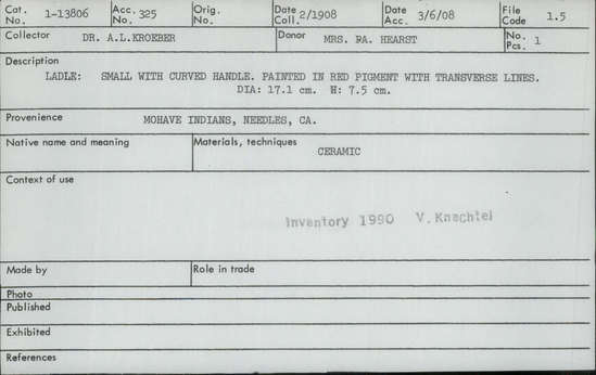 Documentation associated with Hearst Museum object titled Ladle, accession number 1-13806, described as Small, with curved handle.  Painted in red pigment with transverse lines.  Ceramic.