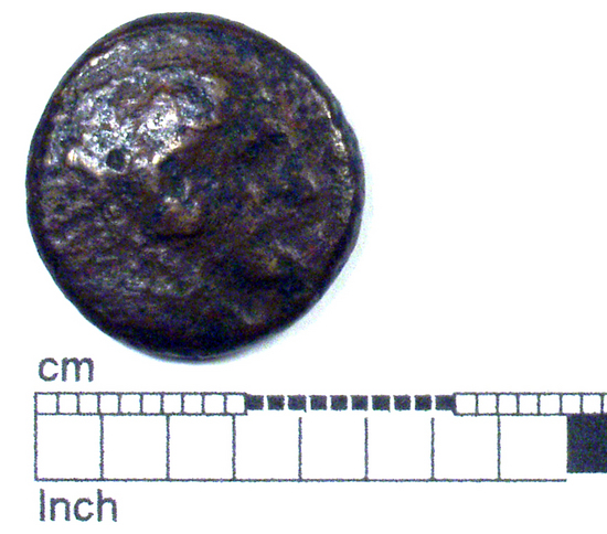 Hearst Museum object titled Coin: æ, accession number 8-4814, described as Coin; AE; Greek. 4.39 grams, 17 mm. Alexander III, 336-323 BC. Obverse: Head of Herakles r. Reverse: B A; above, bow and quiver; below, clue.