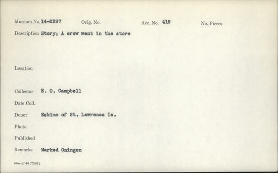 Documentation associated with Hearst Museum object titled Wax cylinder recording, accession number 14-2287, described as Story: A Crow Went in the Store