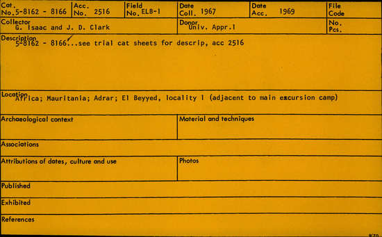 Documentation associated with Hearst Museum object titled Handaxe, accession number 5-8164, described as bifacial; triangular outline with point broken; length 9.1 cm