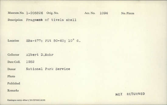 Documentation associated with Hearst Museum object titled Shell fragment, accession number 1-205826, described as Tivela shell.