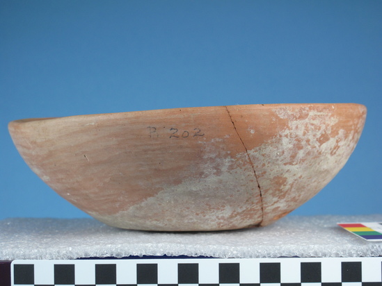 Hearst Museum object 47 of 66 titled Broken bowl, accession number 6-5728, described as Pottery: smooth pinkish bowl, broken burnished lines inside and out.  Diameter 20cm, height 6cm.