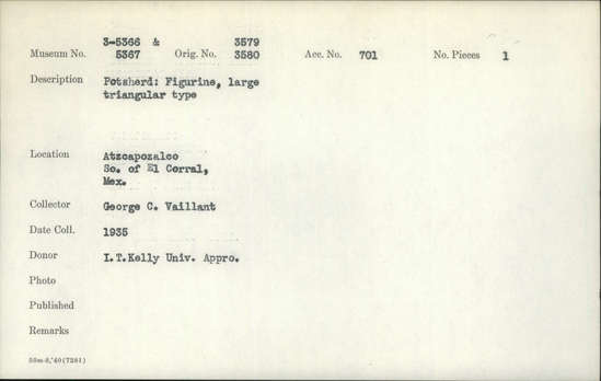 Documentation associated with Hearst Museum object titled Potsherd, accession number 3-5367, described as Potsherd: Figurine, large triangular type.