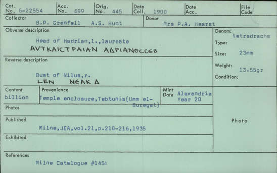 Documentation associated with Hearst Museum object titled Coin: billon tetradrachm, accession number 6-22554, described as Roman tetradrachm. Head of Hadrian, l., laureate