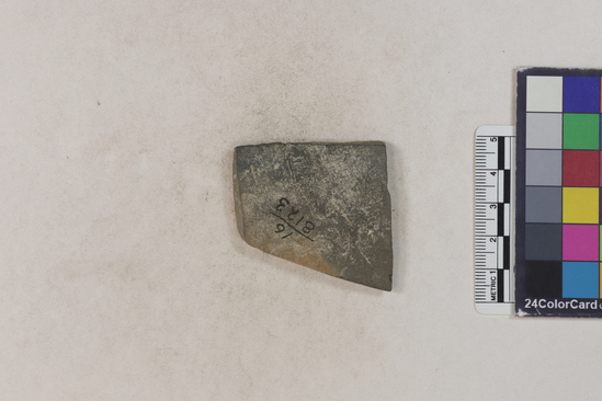 Hearst Museum object 2 of 2 titled Potsherd, accession number 16-8123, described as Potsherd; body, long straight lines. Section of Manta on Beach currently inhabited. Numbers  8111 to 8194 are sherds picked up on beach at low tide.