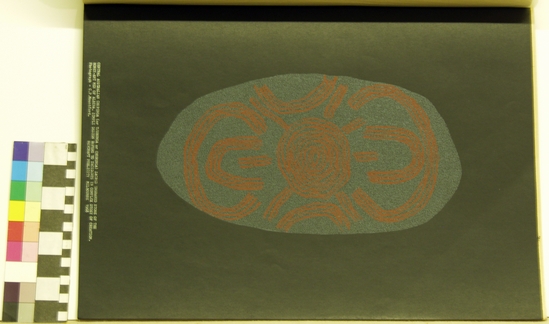 Hearst Museum object 5 of 6 titled Silkscreen, accession number 17-564a-e, described as Album of reproductions of churinga patterns, ground and rock paintings.