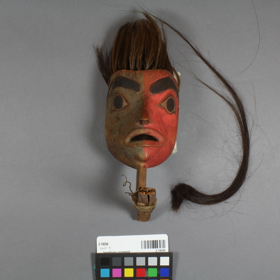 Hearst Museum object 6 of 6 titled Headdress ornament, accession number 2-19098, described as In form of small mask representing human head, face red on one side, green on the other, human hair and duck quill fringe. Mounted on carved, broken wood rod. Upper portion of larger piece.