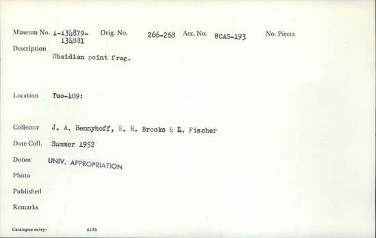 Documentation associated with Hearst Museum object titled Point fragment, accession number 1-134881, described as Obsidian point fragment.