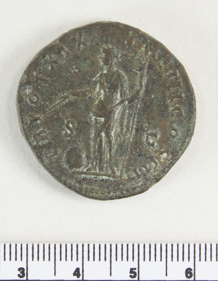 Hearst Museum object 2 of 7 titled Coin: æ sestertius, accession number 8-4020, described as Coin; AE; Sestertius; Roman. Marcus Aurelius, 165 AD. Rome, Italy. Obverse: M AVREL ANTONINVS AVG ARMENIACVS PM, Bust r. laureate. Reverse: TR POT XIX IMP III COS III, Providentia standing left holds wand over globe; S C.