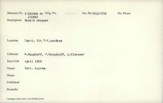 Documentation associated with Hearst Museum object titled Chopper, accession number 1-155964, described as Basalt.