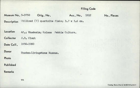 Documentation associated with Hearst Museum object titled Flake, accession number 5-3750, described as Utilized (?) flake of quartzite; 3.7 x 3.6 cm