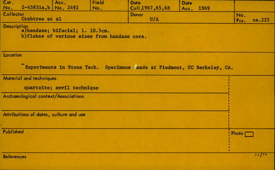 Documentation associated with Hearst Museum object titled Handaxe and flakes (reproduction), accession number 2-45831a,b, described as a) handaxe; bifacial; length 10.5 cm; b) flakes of various sizes from handaxe core.