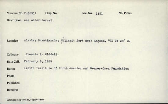 Documentation associated with Hearst Museum object titled Mammal bone, accession number 2-35917, described as Sea otter, tarsal.