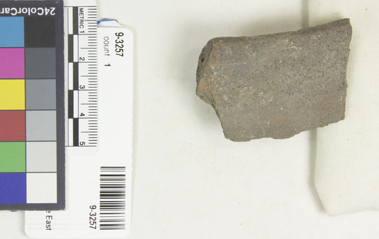 Hearst Museum object titled Potsherd, accession number 9-3257, described as Potsherd, rim, thin with thumbnail punctations