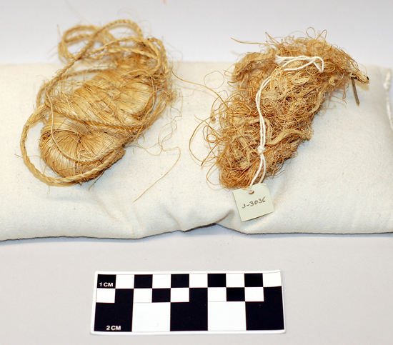 Hearst Museum object titled Model of agave fiber sandal, accession number 3-3037, described as Sandal, model, woven fiber, with loop for toes and thong for wrapping around ankle; L 9.4 cm x w 4.8 cm