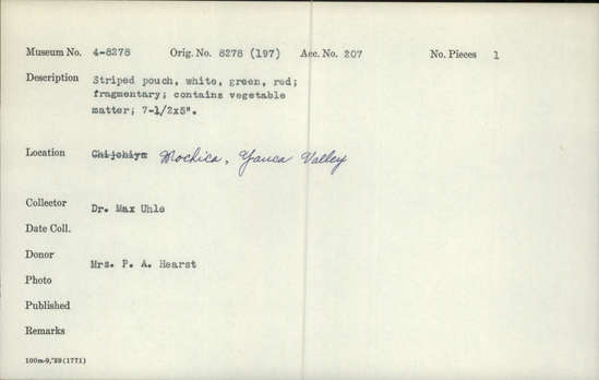 Documentation associated with Hearst Museum object titled Pouch w/ sample, accession number 4-8278, no description available.