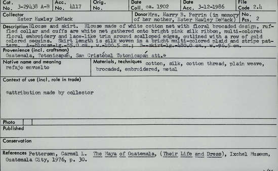 Documentation associated with Hearst Museum object titled Blouse and skirt, accession number 3-29438a,b, described as Blouse and skirt, blouse made of white cotton net with floral brocaded design, ruffled collar and cuffs are white net gathered onto bright pink silk ribbon, multi-colored floral embroidery and lace-like trim around scalloped edges, outlined with a row of gold colored sequins, skirt length is silk woven in a bright multi-colored plaid and stripe pattern. A: blouse length 85.0 cm, width 106.5 cm, B: Skirt, length 480.0 cm, width 96.5 cm