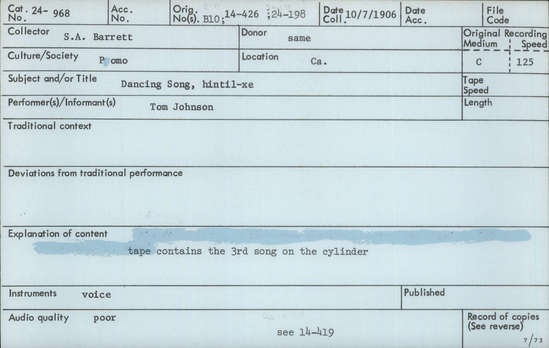 Documentation associated with Hearst Museum object titled Audio recording, accession number 24-968, described as Dance Song (hintil xe)