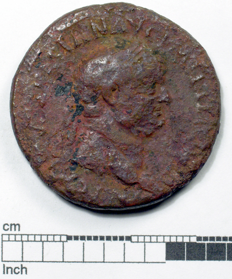 Hearst Museum object 1 of 8 titled Coin: æ sestertius, accession number 8-6040, described as Coin: Sestertius; Æ; Vespasian - 22.33 grams. Obverse: VESPASIAN AVG PM TRP ... head laureate facing right. Reverse: SC in field, figure walking right.