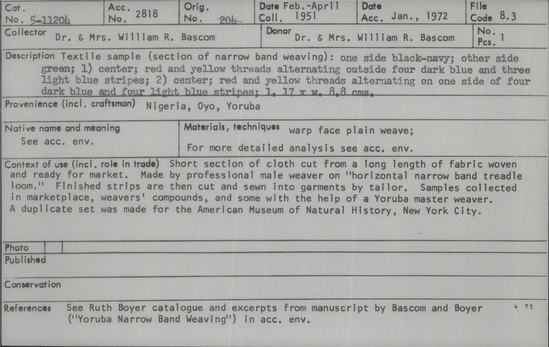 Documentation associated with Hearst Museum object titled Textile fragment, accession number 5-11204, described as textile sample (section of narrow band weaving): one side black-navy; other side green; 1/ center; red and yellow threads alternating outside four dark blue and three light blue stripes; 2/ center; red and yellow threads alternating on one side of four dark blue and four light blue stripes;