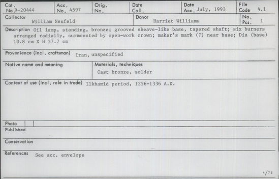 Documentation associated with Hearst Museum object titled Oil lamp, accession number 9-20444, described as Oil lamp, standing, bronze; grooved sheave-like base, tapered shaft; six burners arranged radially, surmounted by open-work crown; maker's mark (2) near base; Diameter (base) 10.8 centimeters  X Height 37.7 centimeters.