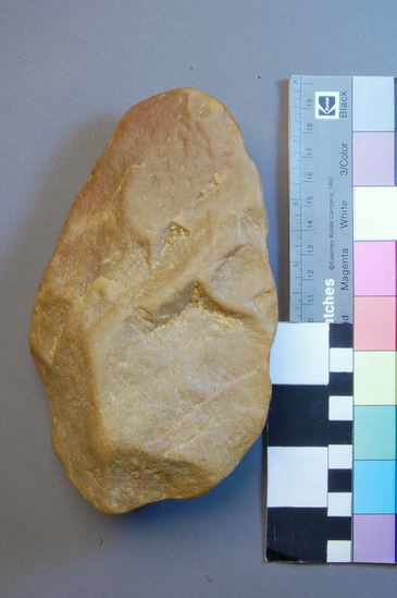 Hearst Museum object titled Handaxe, accession number 7-5066, described as Early Acheulian handaxe; quartzite; bifaced; 15.5 x 9.5 cm.